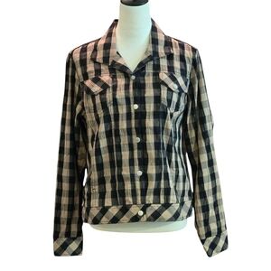 Foxcroft Crinkled Jacket Black & Tan Buffalo Plaid Adjustable Hem Snaps Women 12